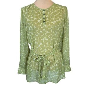 Liz Claiborne New York Green Print Long Sleeve Belted Sheer‎ Blouse Top Medium